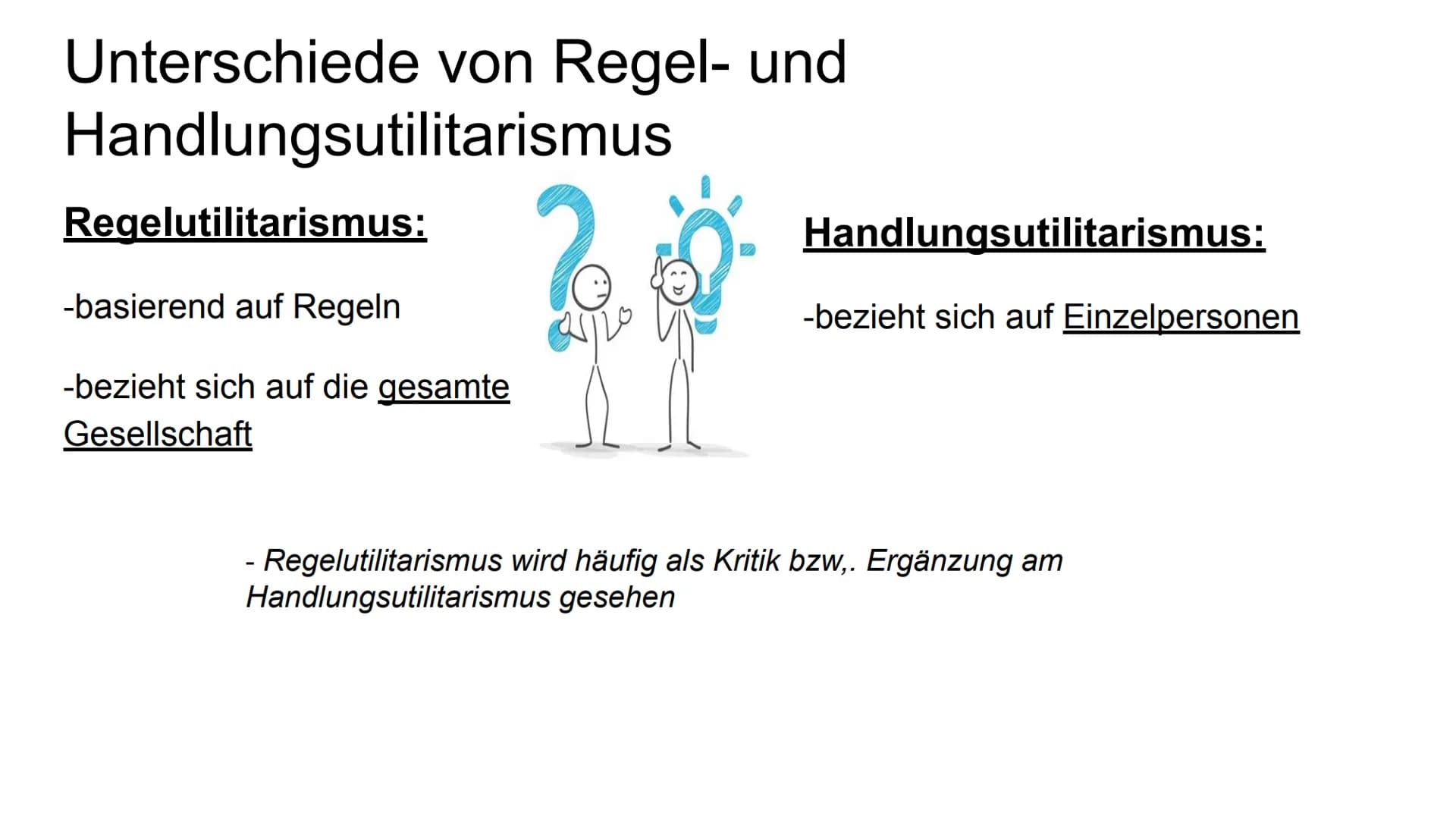 Regelutilitarismus
im Vergleich zum Handlungsutilitarismus
? Inhaltsverzeichnis
1. Handlungsutilitarismus
2. Regelutilitarismus
3. Unterschi