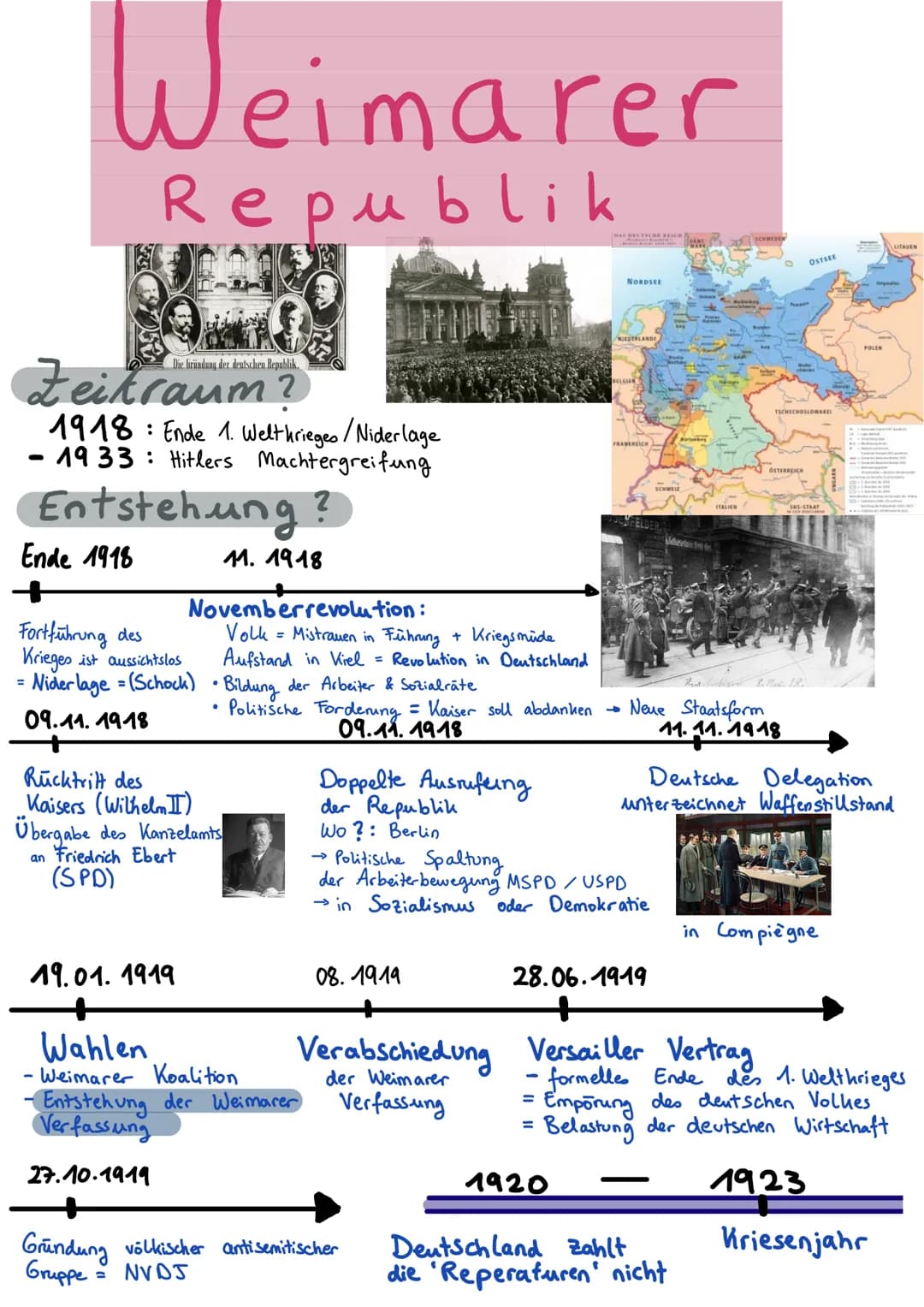 Weimarer
Republik
Die Gründung der deutschen Republik.
1918: Ende 1. Weltkrieges/Niderlage
-
• 1933: Hitlers Machtergreifung
Entstehung ?
11
