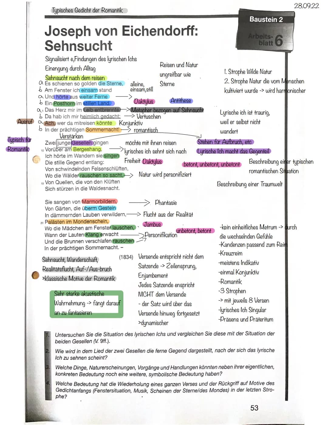 Ausruf
Typisch für
Romantik
Typisches Gedicht der Romantik
Joseph von Eichendorff:
Sehnsucht
Signalisiert e,Findungen des lyrischen Ichs
Ein