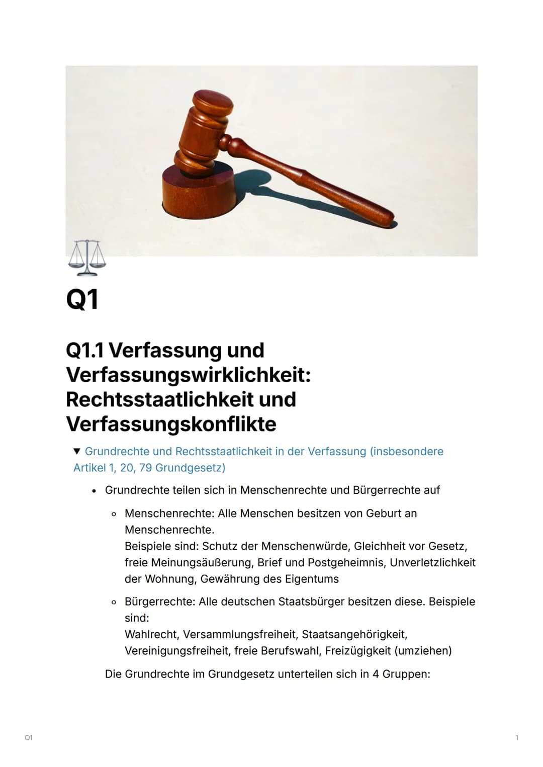 --- OCR Start ---
01
Q1
Q1.1 Verfassung und
Verfassungswirklichkeit:
Rechtsstaatlichkeit und
Verfassungskonflikte
▼ Grundrechte und Rechtsst