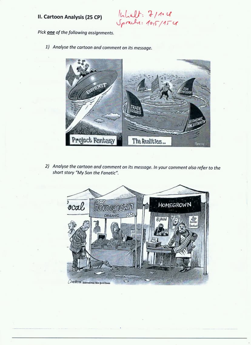 Englisch Exam 12-11
11. N The cartoon portrays, Brexit and the effects.
it has. One can see the cartooning plit into two,
different pictures