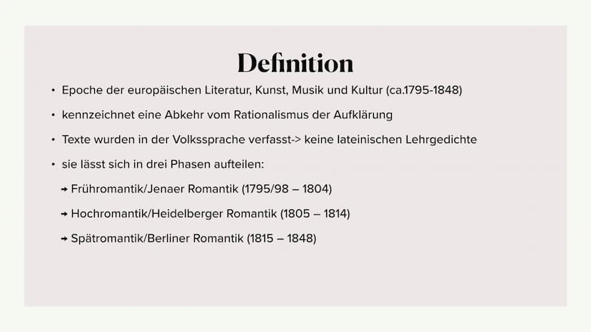 Romantik Gliederung 1. Definition
2. Merkmale
3. Historische Ereignisse der Romantik
4. Entwicklung
5. Symbole und Motive
6. Welt- und Mensc