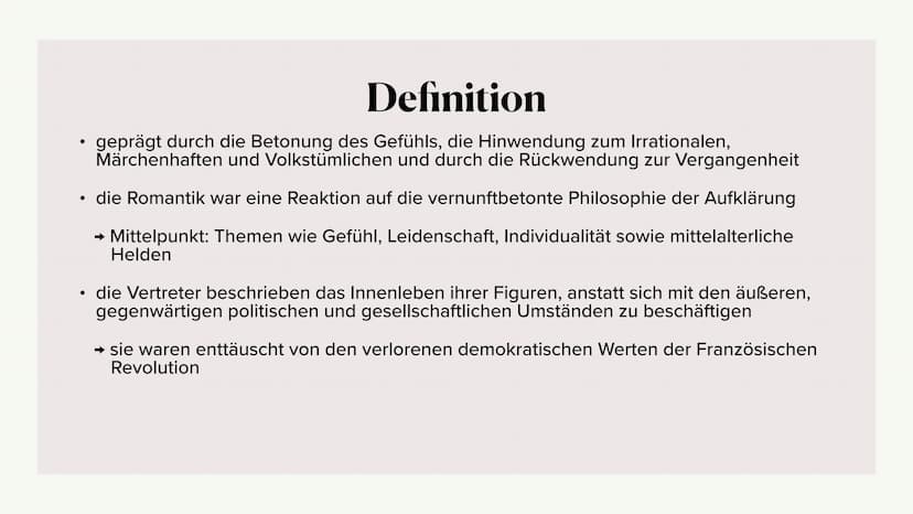 Romantik Gliederung 1. Definition
2. Merkmale
3. Historische Ereignisse der Romantik
4. Entwicklung
5. Symbole und Motive
6. Welt- und Mensc