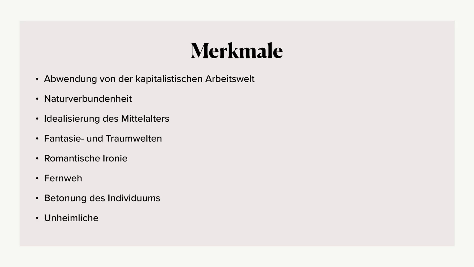 Romantik Gliederung 1. Definition
2. Merkmale
3. Historische Ereignisse der Romantik
4. Entwicklung
5. Symbole und Motive
6. Welt- und Mensc