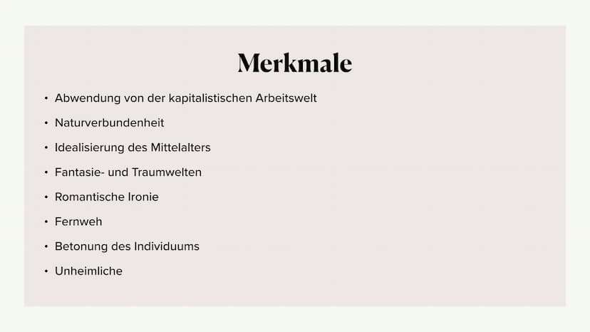 Romantik Gliederung 1. Definition
2. Merkmale
3. Historische Ereignisse der Romantik
4. Entwicklung
5. Symbole und Motive
6. Welt- und Mensc