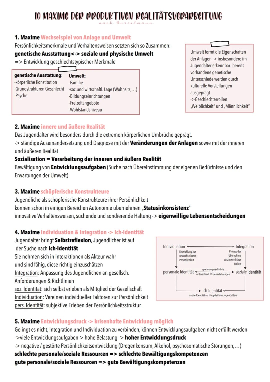 10 MAXIME DER PRODUKTIVEN REALITÄTSVERARBEITUNG
nach Hurrelmann
1. Maxime Wechselspiel von Anlage und Umwelt
Persönlichkeitsmerkmale und Ver