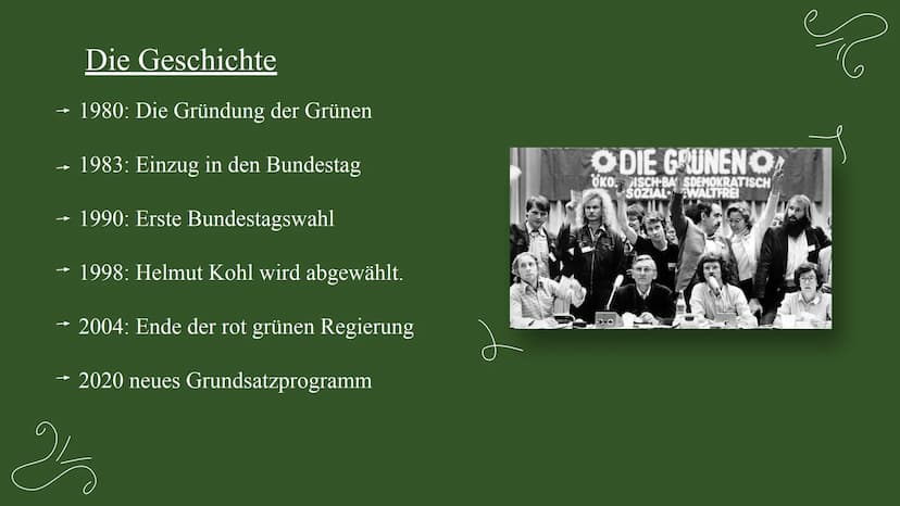Die Grünen
Von: Aqida
Azra
Selin
Özlem 2
Inhaltsverzeichnis:
Was sind die Grünen?
→
→ Die Gründung
→ Die Wähler
→ Meinung
Die Geschichte
→ H