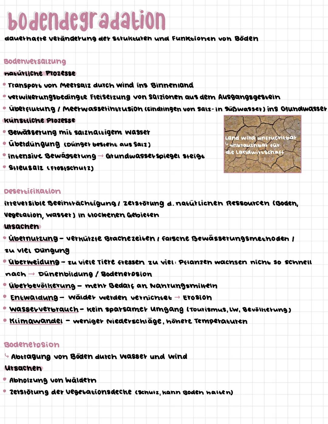 bodendegradation
dauerhafte veränderung der Strukturen und Funktionen von Böden
Bodenversaizung
natürliche Prozesse
• Transport von Meersalz