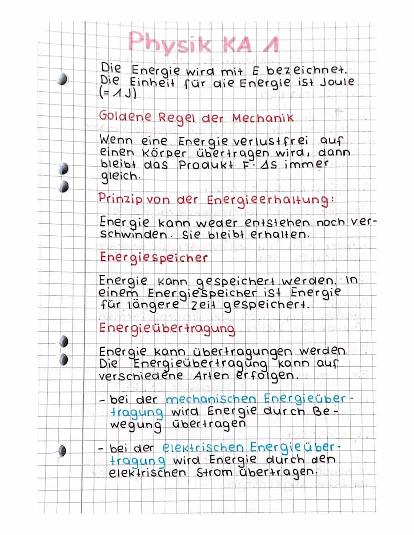 :
Physik KA A
Die Energie wird mit E bezeichnet.
Die Einheit für die Energie ist Joule
( = 13)
Goldene Regel der Mechanik
Wenn eine Energie 