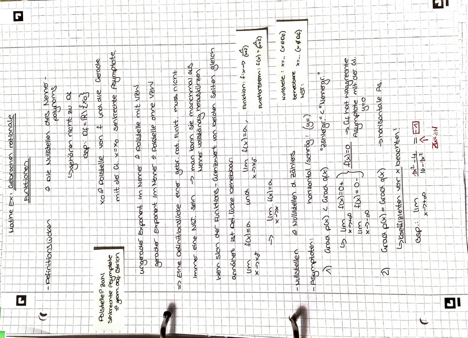 Polstelle Zahl
Senkrechte Asymptate
€ geom. obj. (Strich
JI
Definitions lücken
lim
x->xot
Mathe Ex: Gebrochen rationale
→
-Nullstellen
-Asym
