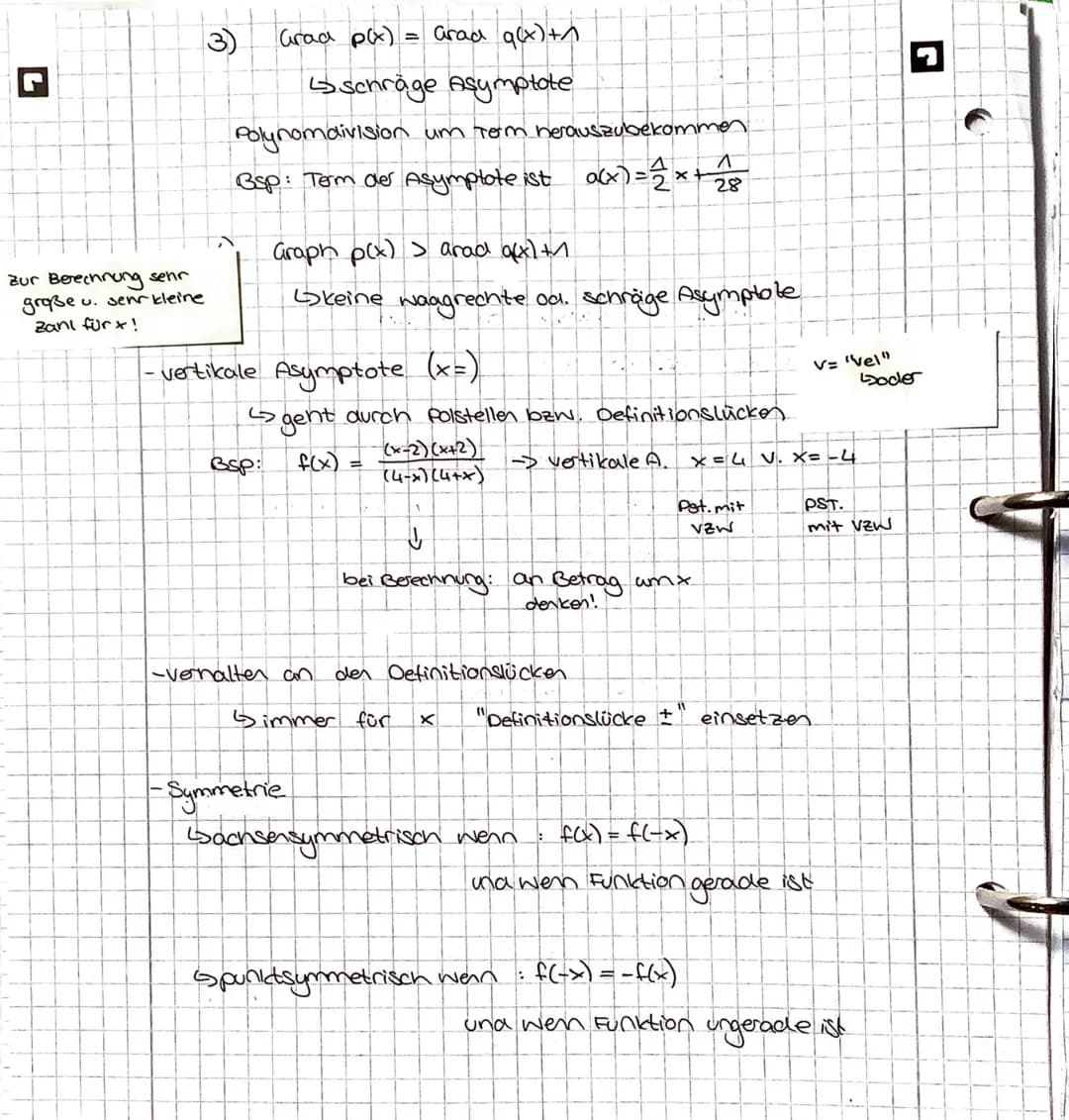 Polstelle Zahl
Senkrechte Asymptate
€ geom. obj. (Strich
JI
Definitions lücken
lim
x->xot
Mathe Ex: Gebrochen rationale
→
-Nullstellen
-Asym