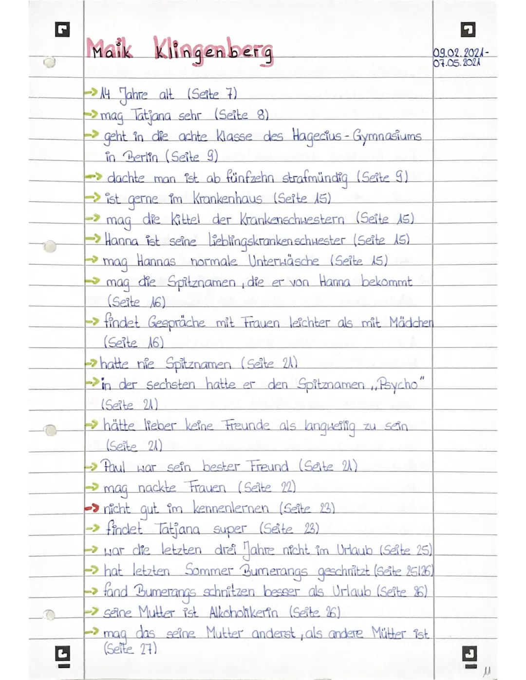 Maik Klingenberg
->14 Jahre alt (Seite 7)
-> mag Tatjana sehr (Seite 8)
geht in die achte Klasse des Hagecius-Gymnasiums
in Berlin (Seite 9)