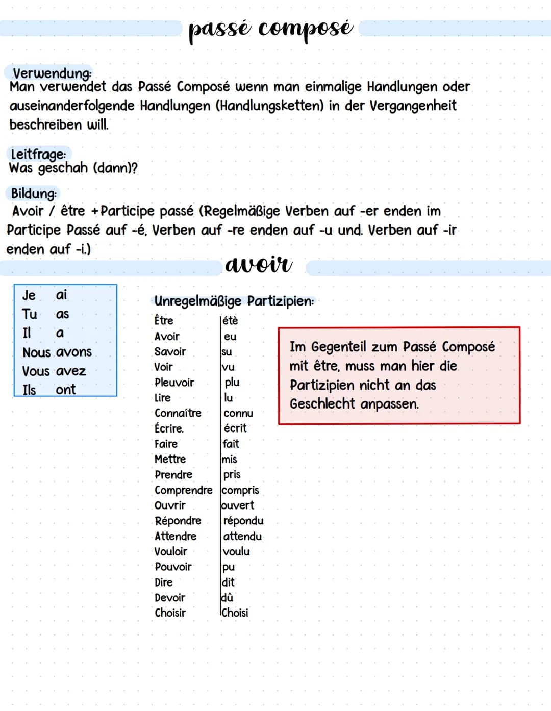 passé composé
Verwendung:
Man verwendet das Passé Composé wenn man einmalige Handlungen oder
auseinanderfolgende Handlungen (Handlungsketten