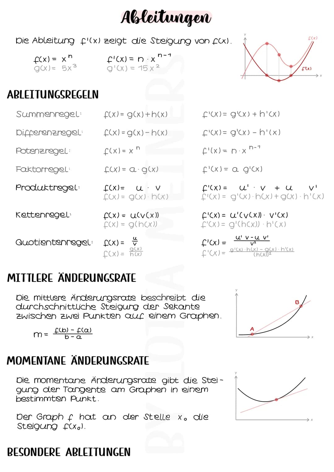 Ableitungen
Die Ableitung f'(x) zeigt die Steigung von f(x).
n
f(x) = xh
g(x) = 5x3
ABLEITUNGSREGELN
Summenregel:
Differenzregel:
Potenzrege