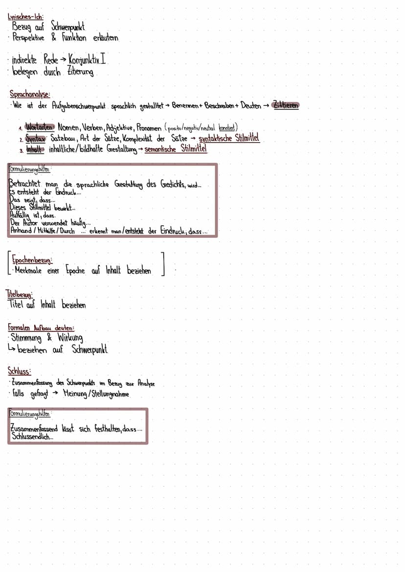 GEDIENTSANALYSE
SPRACHLICHE GESTALTUNGSMITTEL
Syntaktische Stillmittel Besonderheiten
Wiederholung
Anapher
Alliteration
Akkumulation
Allegor