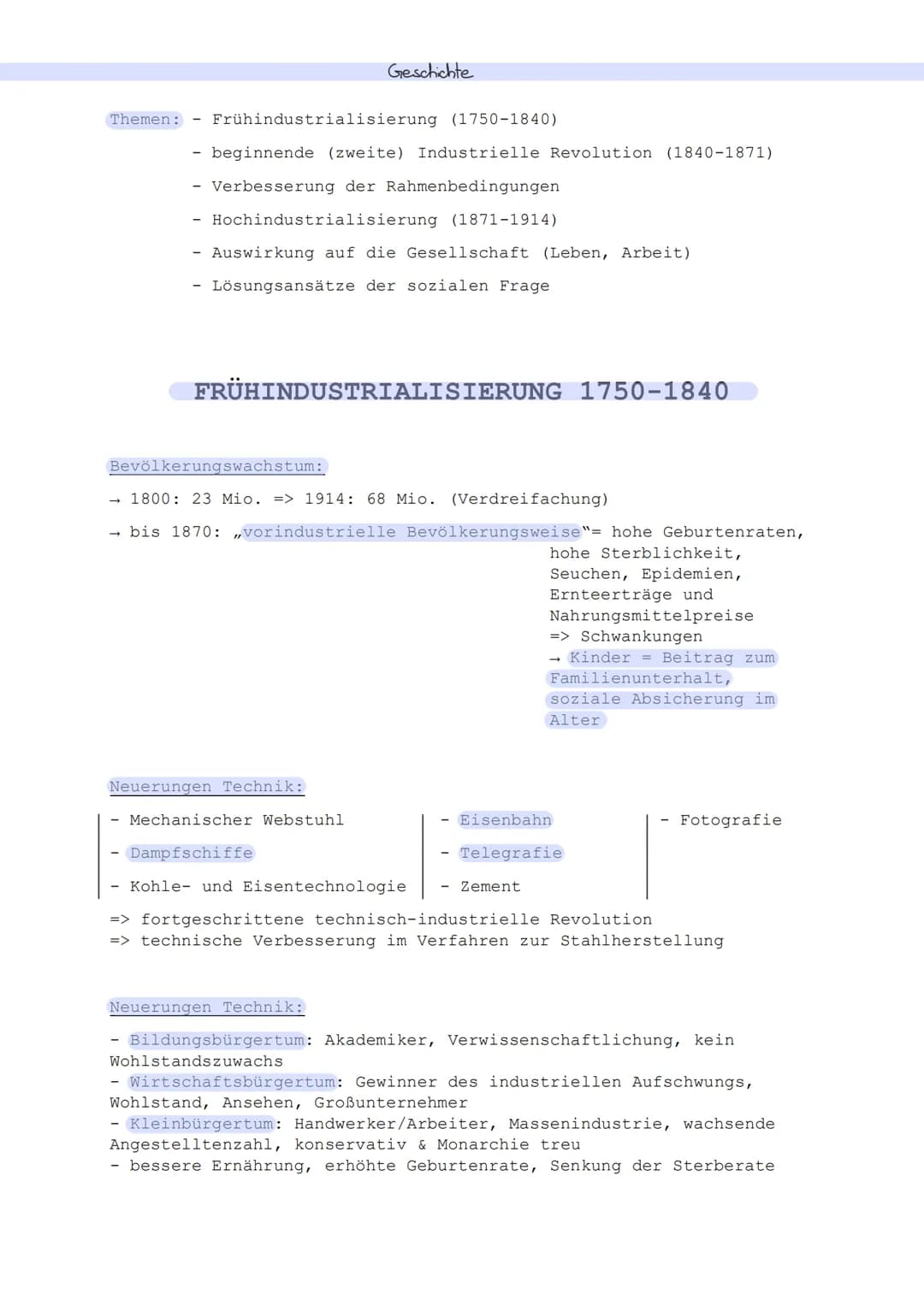 Themen: Frühindustrialisierung (1750-1840)
- beginnende (zweite) Industrielle Revolution (1840-1871)
- Verbesserung der Rahmenbedingungen
- 