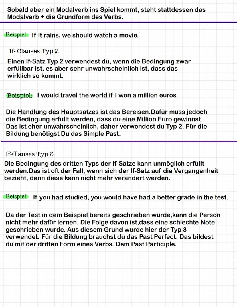 IF-Clauses
Ein Bedingungssatz ist immer in zwei Teile aufgeteilt: in den
Hauptsatz (main clauses) und den If- Satz. Der If- Satz ist ein
Neb
