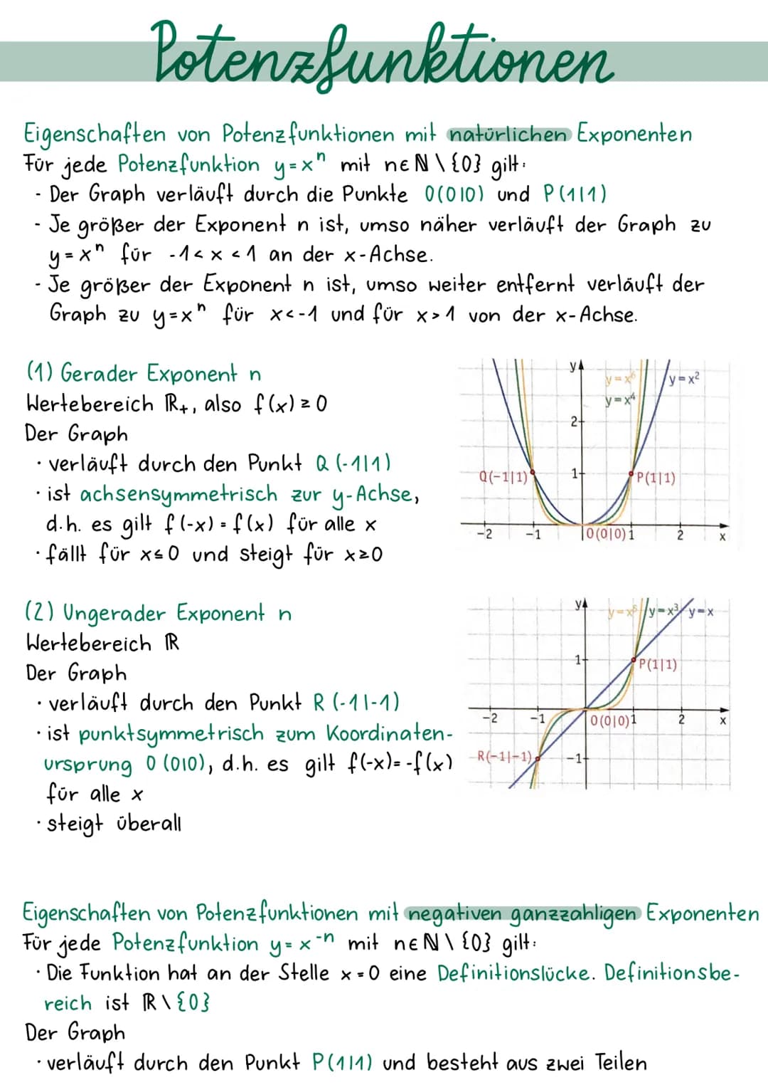 Potenzfunktionen
Eigenschaften von Potenz funktionen mit natürlichen Exponenten
Für jede Potenzfunktion y=x" mit ne № \ {0} gilt:
n
Der Grap