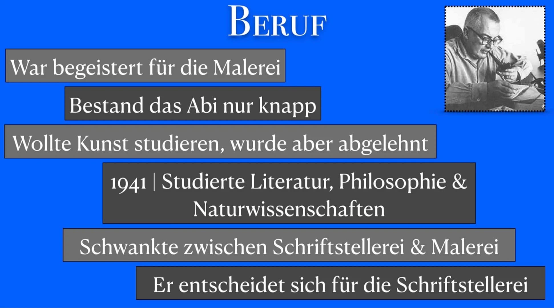 FRIEDRICH
DÜRRENMATT
Biografie Leben
BEKANNTESTEN
WERKE
Quellen
BERUF
Grunddaten Friedrich
Dürrenmatt
*5.Januar.
1921 in
Bern
Grunddaten
†14