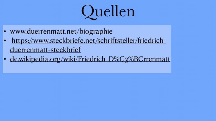 FRIEDRICH
DÜRRENMATT
Biografie Leben
BEKANNTESTEN
WERKE
Quellen
BERUF
Grunddaten Friedrich
Dürrenmatt
*5.Januar.
1921 in
Bern
Grunddaten
†14