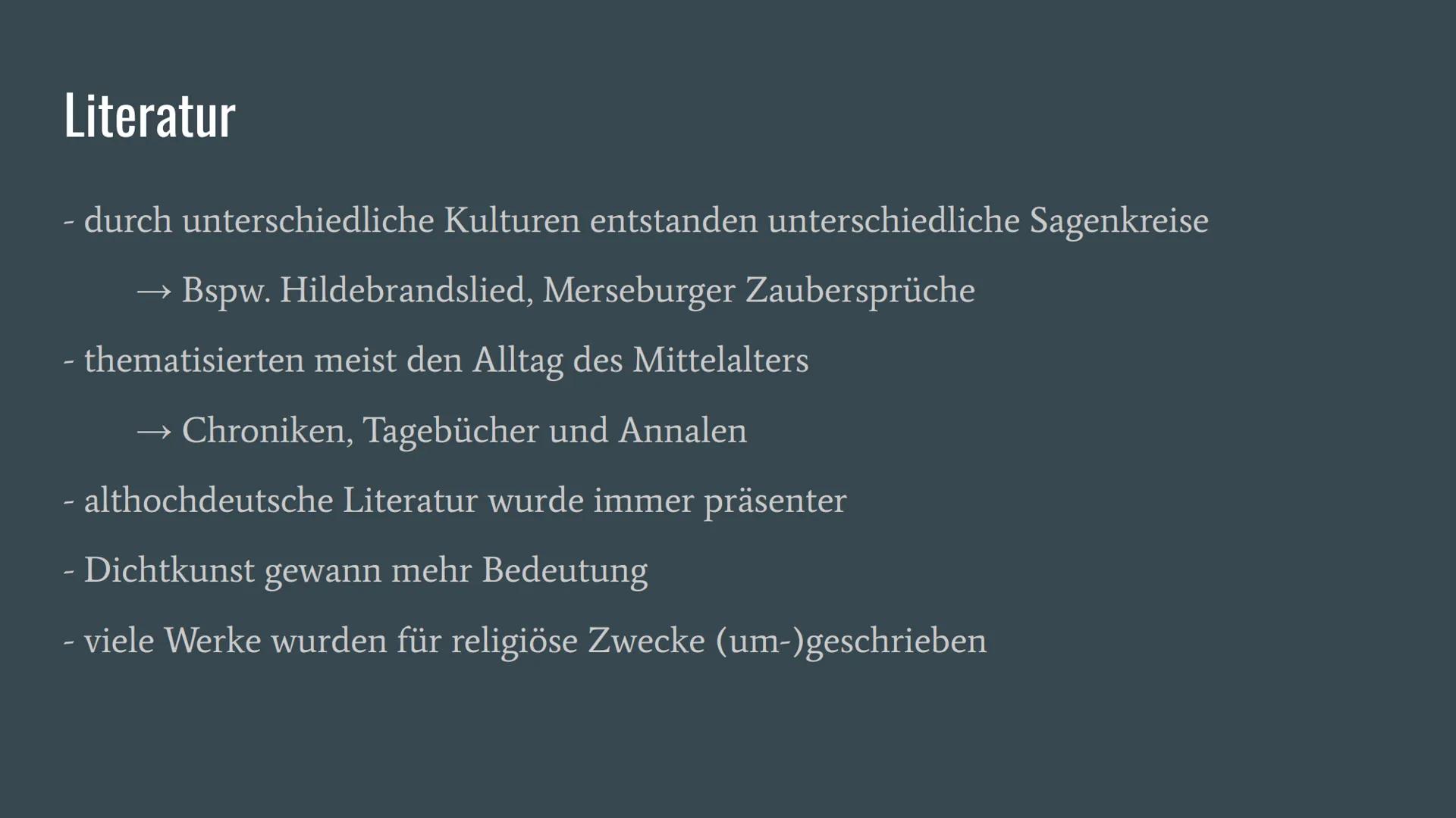 Mittelalter Inhaltsverzeichnis
Allgemeine Infos/Anmerkung
Frühmittelalter
Geschichte
Das Weltbild
Literatur
Merseburger Zaubersprüche
Wichti