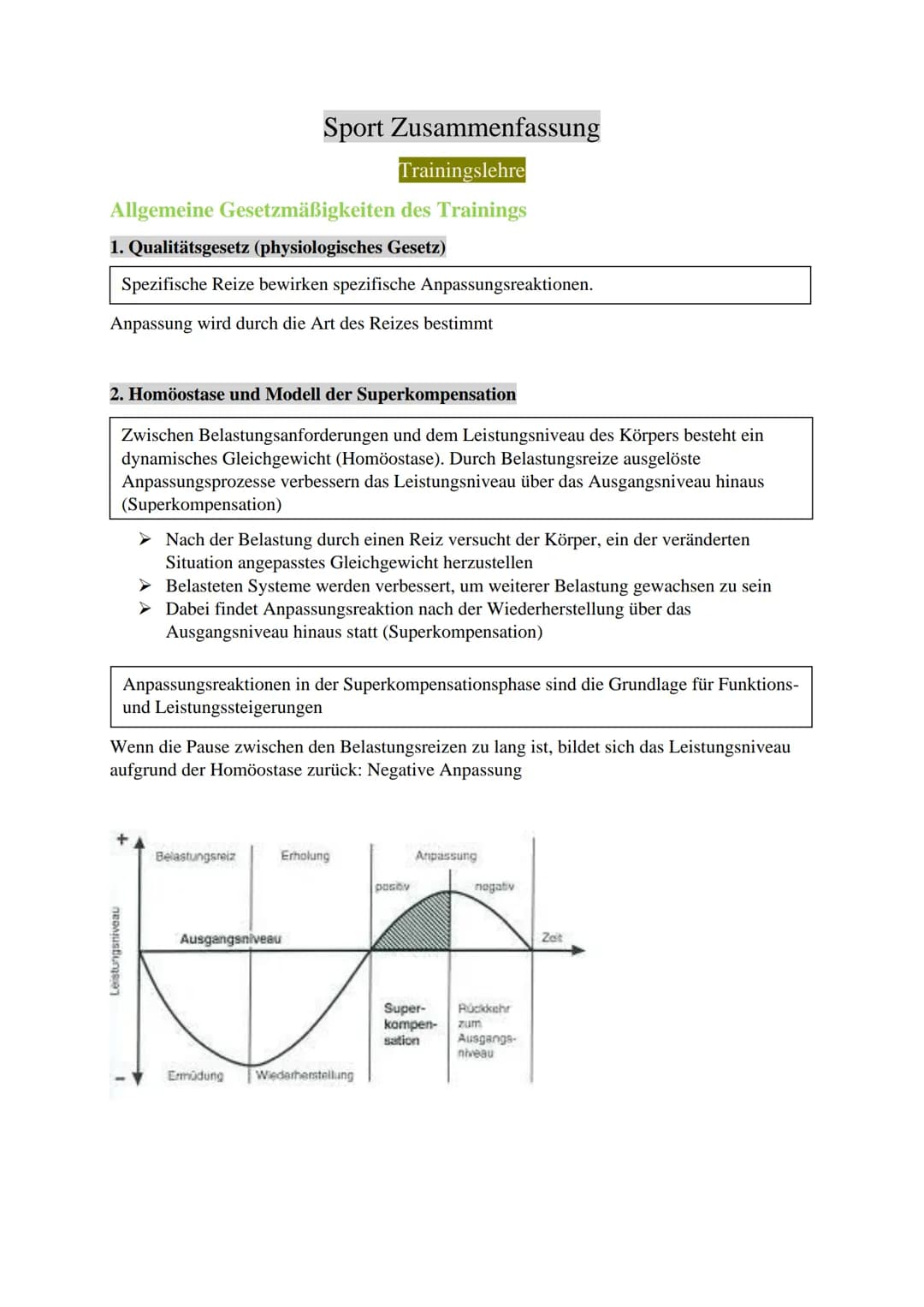 Sport Zusammenfassung
Trainingslehre
Allgemeine Gesetzmäßigkeiten des Trainings
1. Qualitätsgesetz (physiologisches Gesetz)
Spezifische Reiz