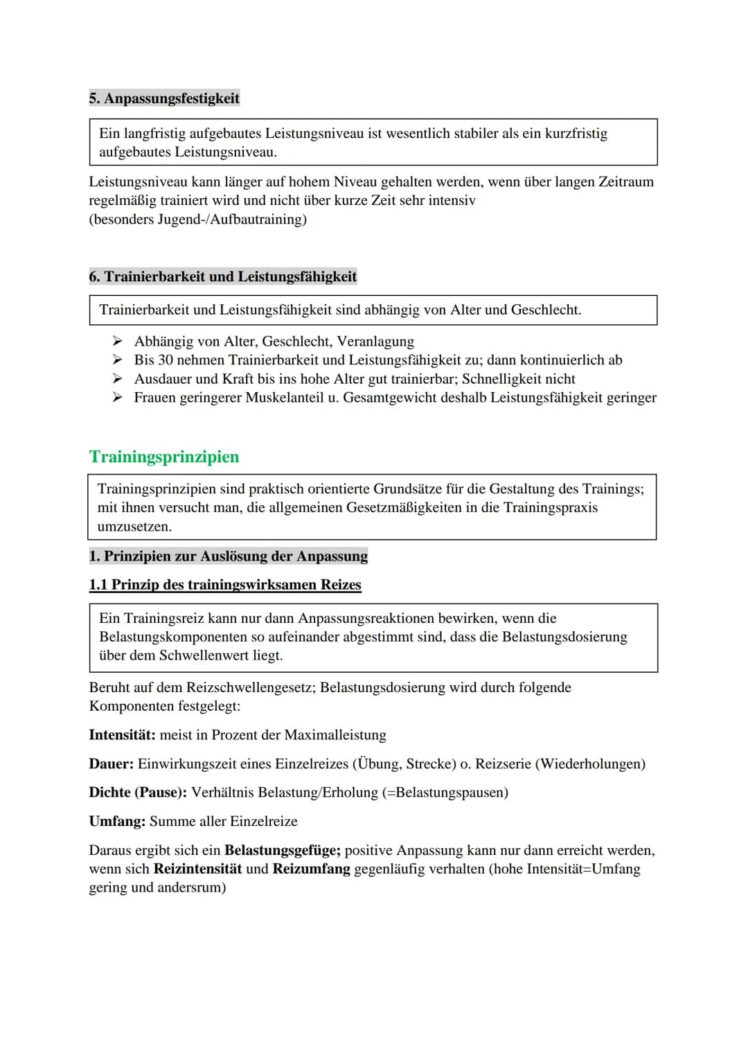 Sport Zusammenfassung
Trainingslehre
Allgemeine Gesetzmäßigkeiten des Trainings
1. Qualitätsgesetz (physiologisches Gesetz)
Spezifische Reiz