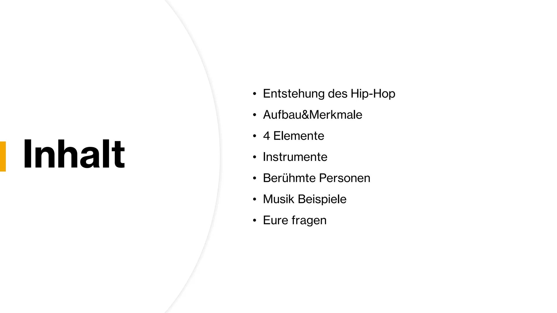 Hip-Hop

Eine Präsentation von
Elena&Aileen Inhalt
• Entstehung des Hip-Hop
• Aufbau&Merkmale
• 4 Elemente
• Instrumente
• Berühmte Personen