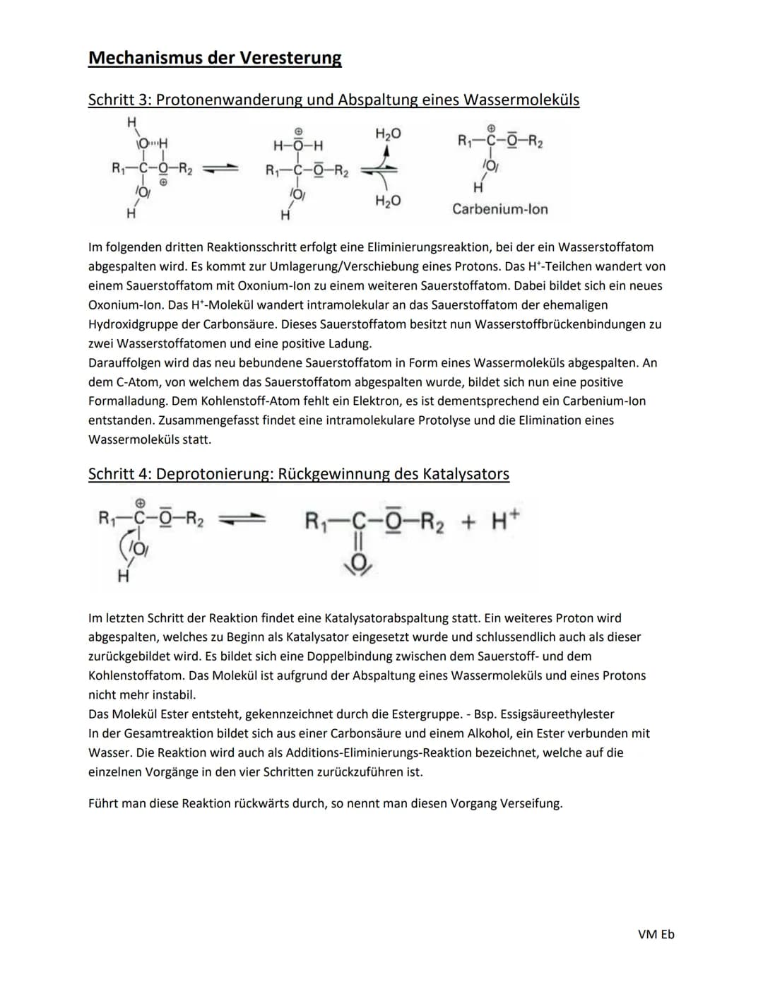 Mechanismus der Veresterung
Für die Veresterung benötigt man zwei Ausgangsstoffe als Edukte: Eine Carbonsäure mit einer
Carboxylgruppe und e
