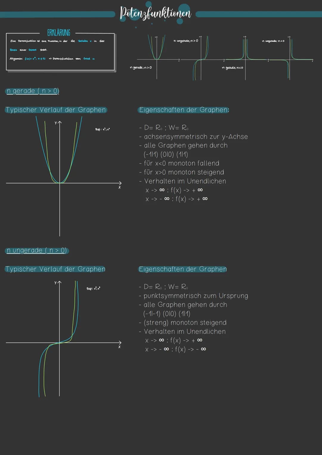ERKLÄRUNG
Eine Potenz funktion ist eine Funktion, in der die Variable x in
der
Basis einer Potent steht.
Allgemein: f(x)=x", "EN => Potenzfu