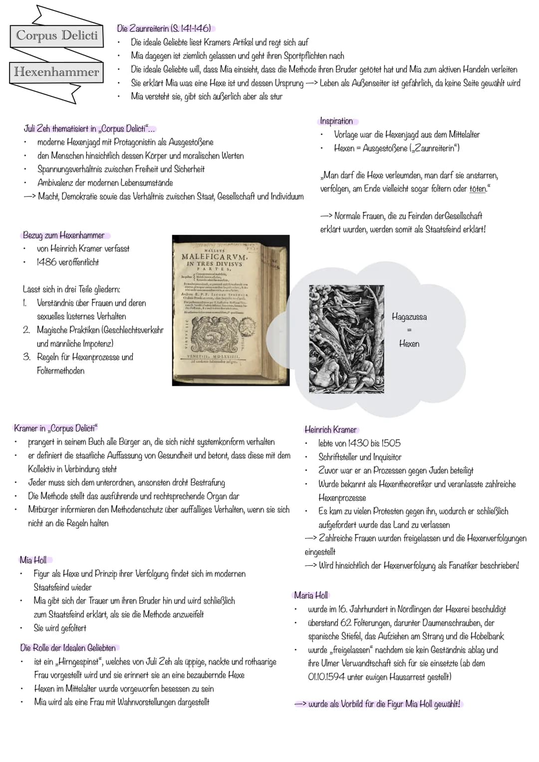 Corpus Delicti
Hexenhammer
.
Bezug zum Hexenhammer
Die Zaunreiterin (S. 141-146)
Die ideale Geliebte liest Kramers Artikel und regt sich auf