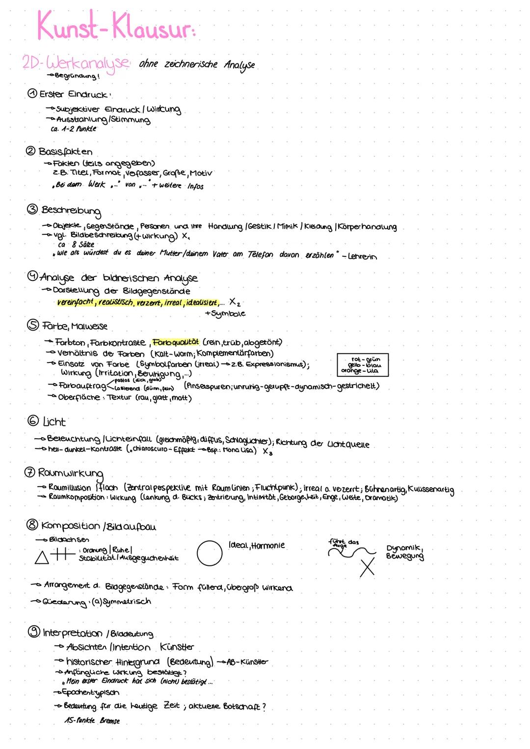 # Kunst-Klausur:

2D-Werkanalyse ohne zeichnerische Analyse
--Begründung!

Erster Eindruck

- Subjektiver Einaruck/Wirkung

- Ausstrahlung/S
