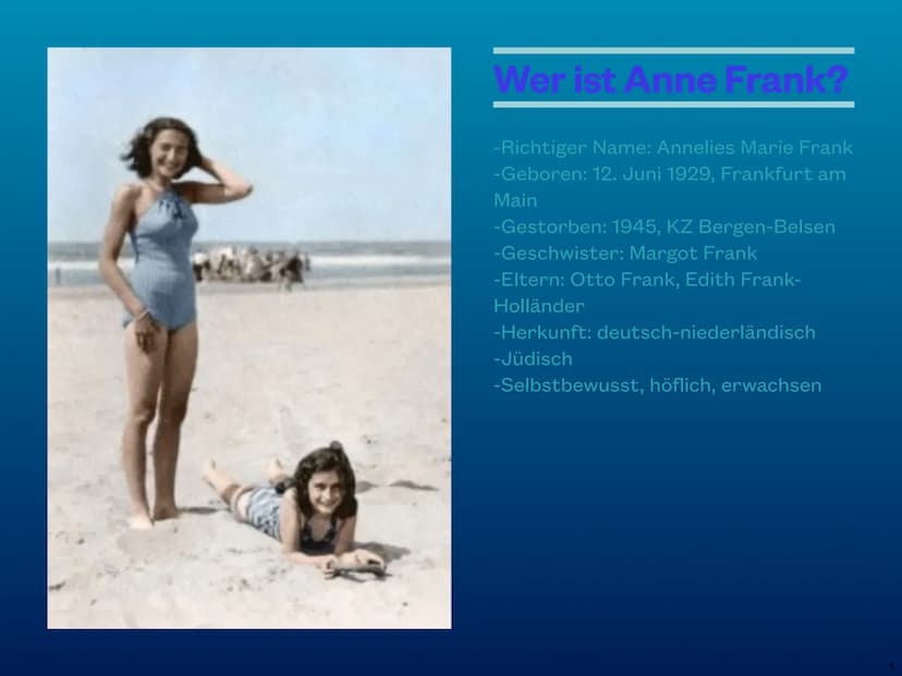 Das Schicksal
der Anne Frank Inhaltsverzeichnis
Seiten
1.
2.
3.
4.
5.
Inhalt
Wer ist Anne Frank?
Zeitstrahl
Das Tagebuch
Das Hinterhaus
Verh