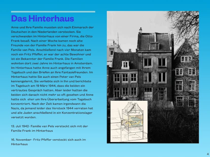 Das Schicksal
der Anne Frank Inhaltsverzeichnis
Seiten
1.
2.
3.
4.
5.
Inhalt
Wer ist Anne Frank?
Zeitstrahl
Das Tagebuch
Das Hinterhaus
Verh