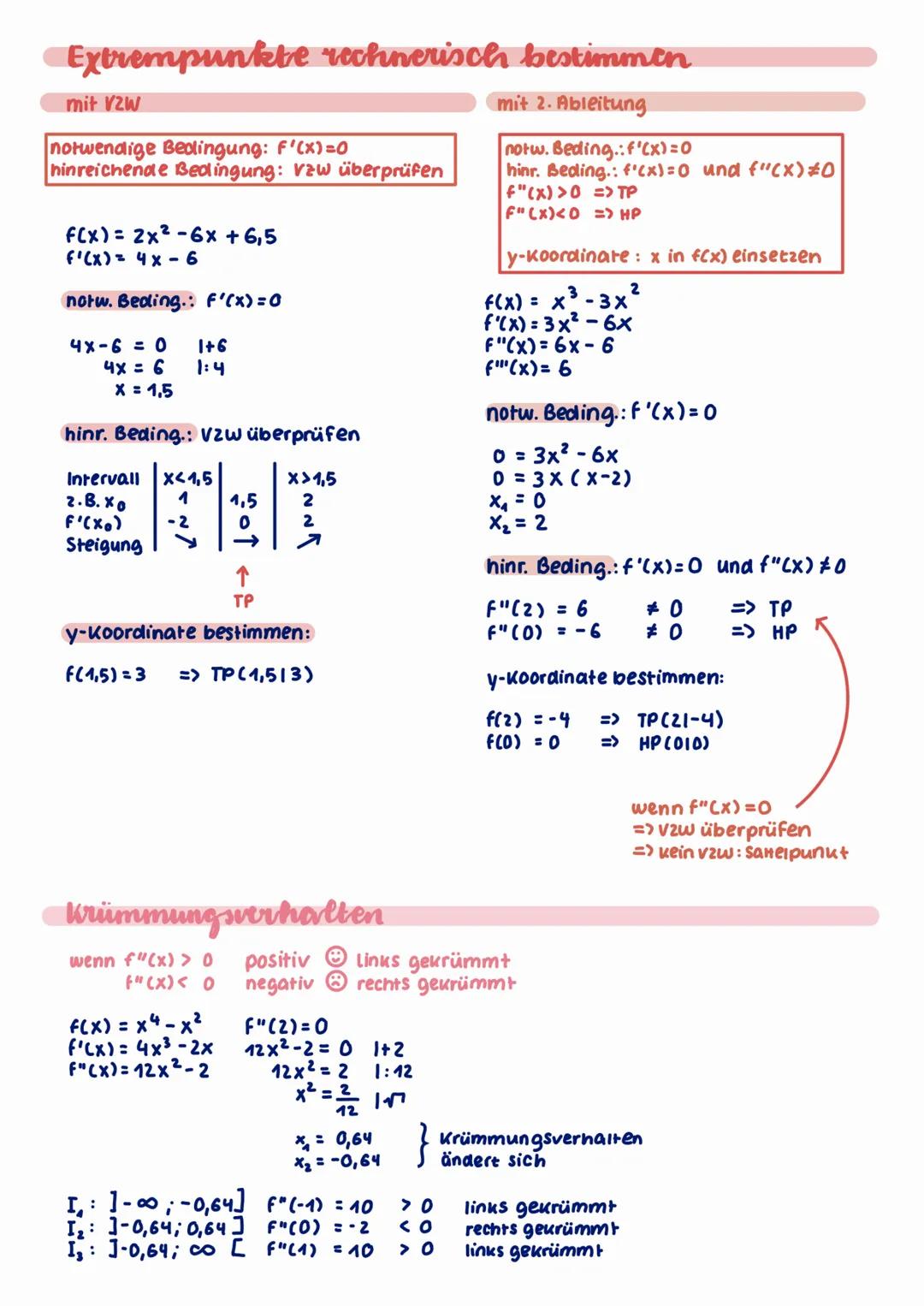 Extrempunkte rechnerisch bestimmen
mit 2. Ableitung
notw. Beding.: f'(x)=0
hinr. Beding.: f'(x)=0 und f"(X)*0
F"(x) >0 => TP
F"(x) <0 => HP
