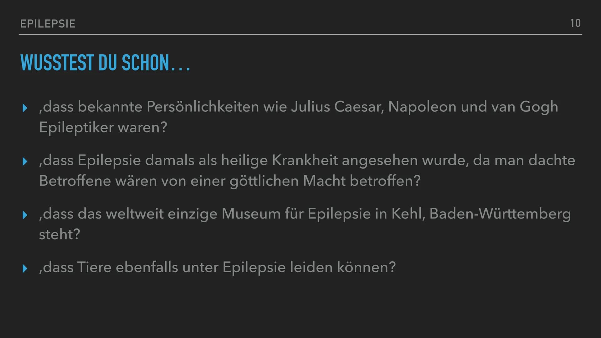 EPILEPSIE
1 EPILEPSIE - EPILEPTISCHER ANFALL
GLIEDERUNG
▸ Definition
▸ Epilepsie oder epileptischer Anfall?
▶ Fakten
▶ Ursachen von Epilepsi