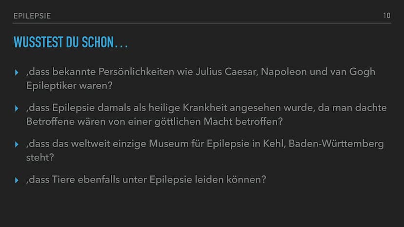 EPILEPSIE
1 EPILEPSIE - EPILEPTISCHER ANFALL
GLIEDERUNG
▸ Definition
▸ Epilepsie oder epileptischer Anfall?
▶ Fakten
▶ Ursachen von Epilepsi