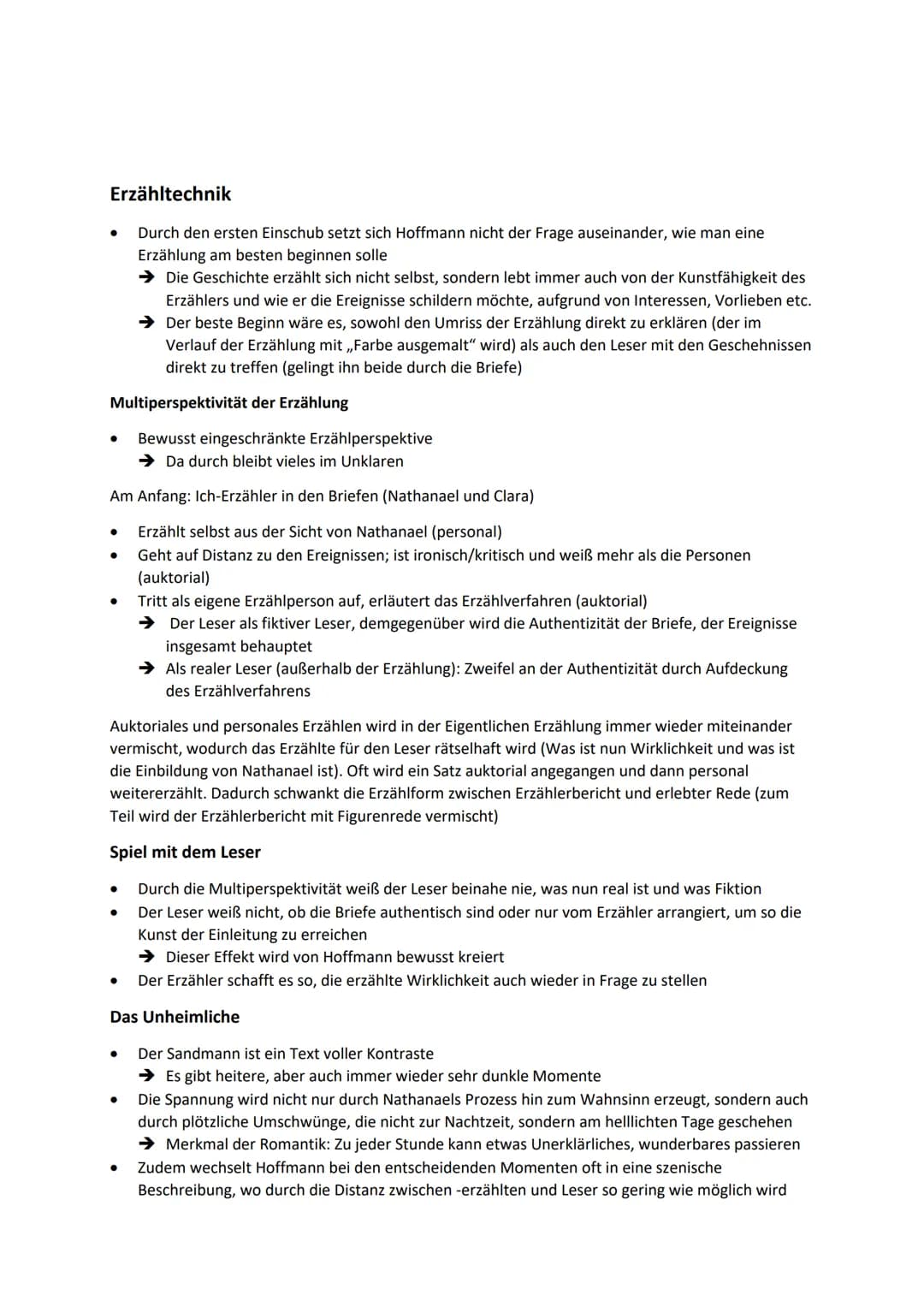 Der Sandmann
Inhalt
Die Novelle beginnt mit drei Briefen. Im ersten erzählt Nathanael seinem besten Freund und
Ziehbruder Lothar, dass ihm s