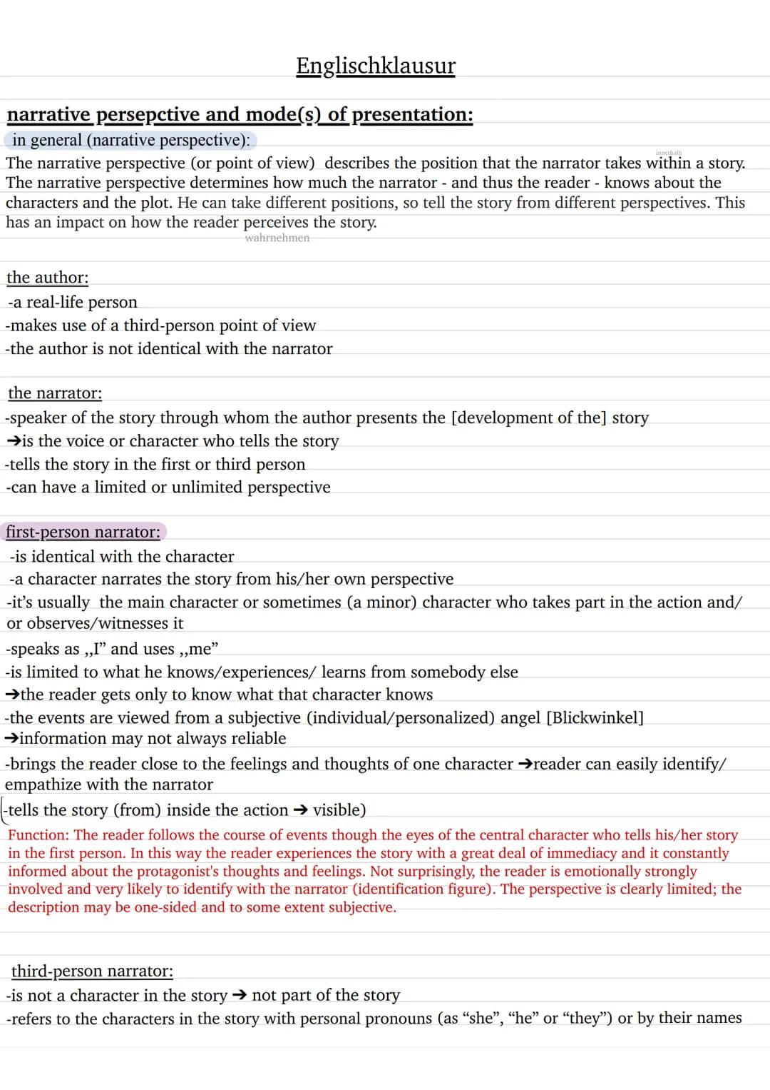 Englischklausur
narrative persepctive and mode(s) of presentation:
in general (narrative perspective):
innerhalb
The narrative perspective (