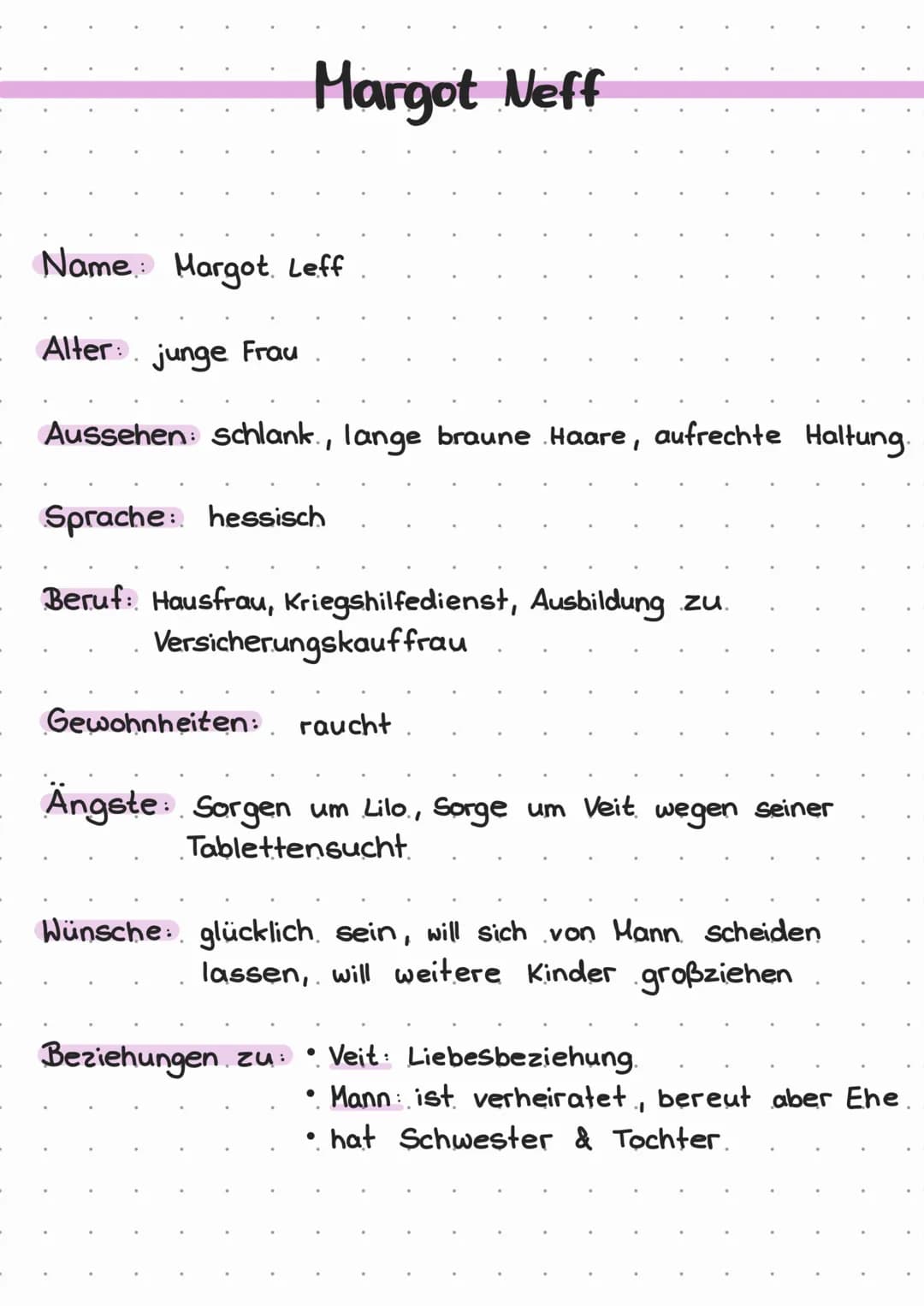 Margot Neff
Name: Margot Leff
Alter: junge Frau
Aussehen: schlank., lange braune Haare,
Sprache: hessisch
Beruf: Hausfrau, Kriegshilfedienst
