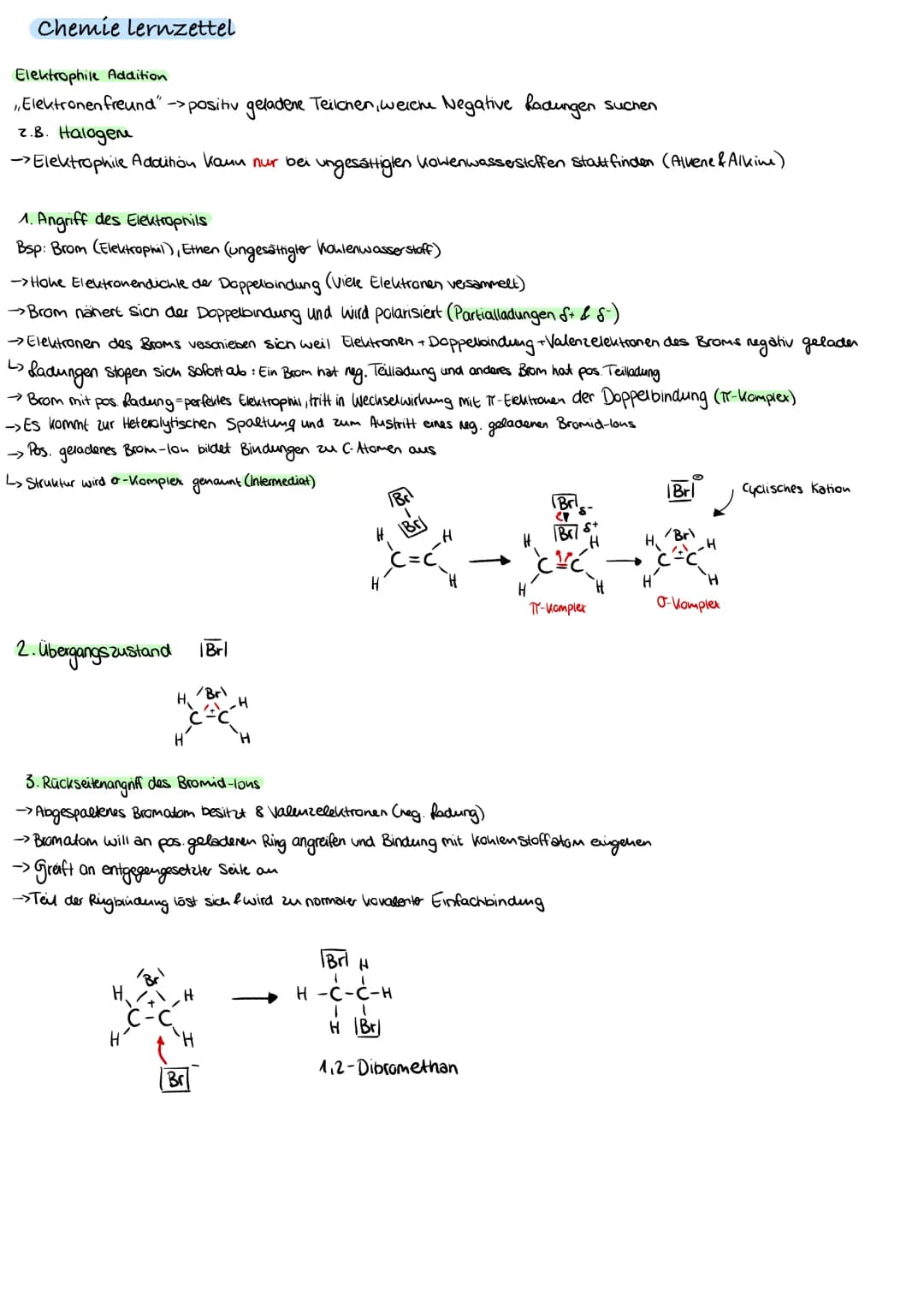 Chemie lernzettel
Elektrophile Addition
Elektronen freund" ->positiv geladene Teilchen, welche Negative Ladungen suchen
z.B. Halogene
→> Ele