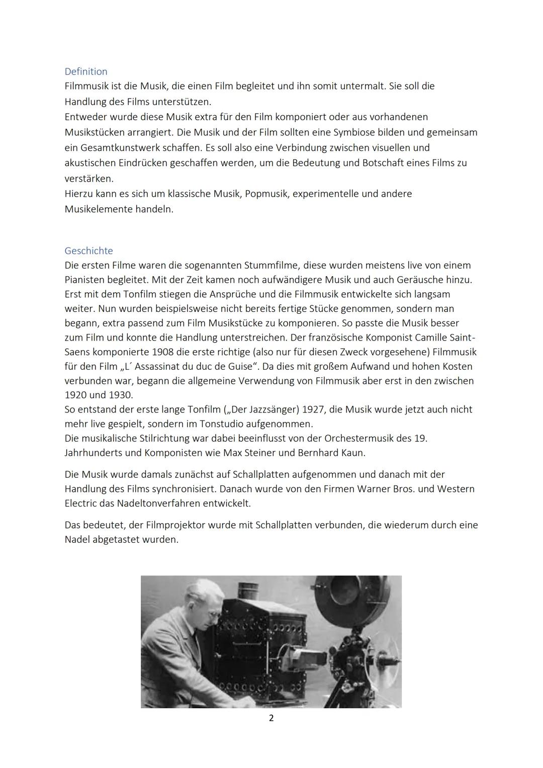 Inhaltsverzeichnis
Definition
Geschichte.
Techniken.....
Funktionen
Meinungen
Quellenangabe.
FILMMUSIK
1
.2
.2
5
.7 Definition
Filmmusik ist