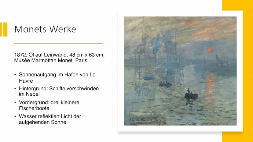 Claude
Monet Struktur
●
●
Monets Leben & Karriere
Epoche des Impressionismus
Beispiele Monets Werke Monets Leben
richtiger Name: Oscar-Claud
