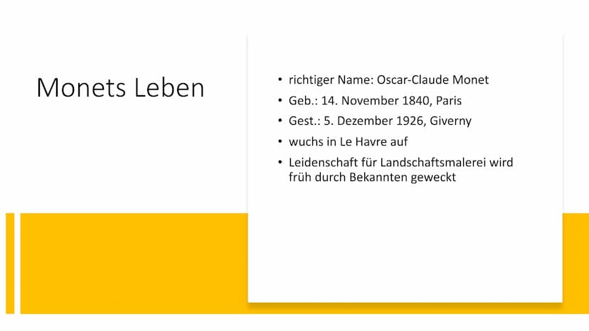 Claude
Monet Struktur
●
●
Monets Leben & Karriere
Epoche des Impressionismus
Beispiele Monets Werke Monets Leben
richtiger Name: Oscar-Claud