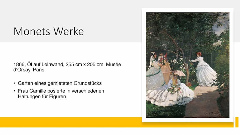Claude
Monet Struktur
●
●
Monets Leben & Karriere
Epoche des Impressionismus
Beispiele Monets Werke Monets Leben
richtiger Name: Oscar-Claud