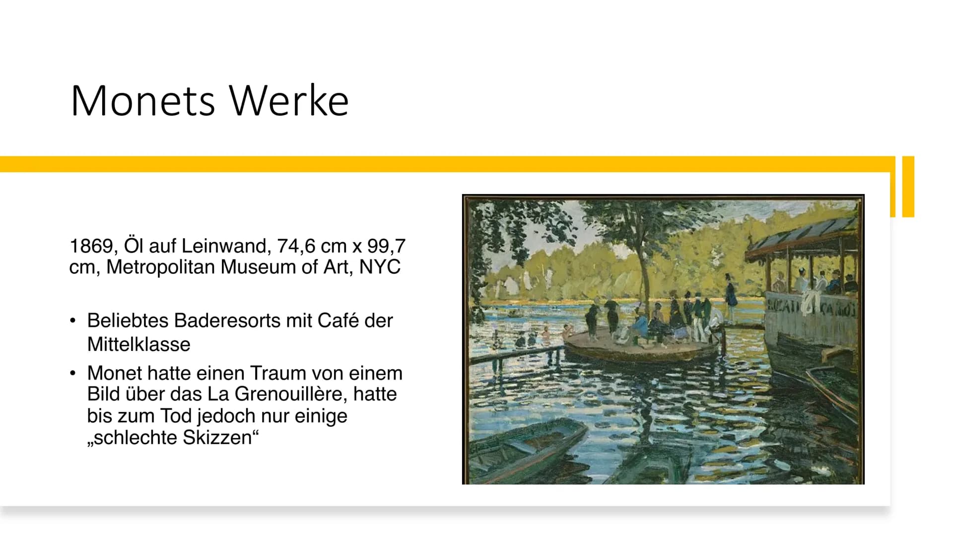 Claude
Monet Struktur
●
●
Monets Leben & Karriere
Epoche des Impressionismus
Beispiele Monets Werke Monets Leben
richtiger Name: Oscar-Claud