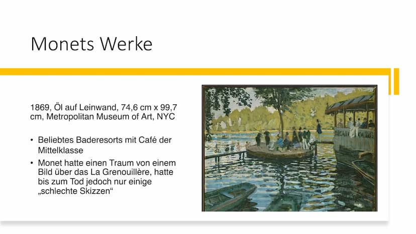 Claude
Monet Struktur
●
●
Monets Leben & Karriere
Epoche des Impressionismus
Beispiele Monets Werke Monets Leben
richtiger Name: Oscar-Claud