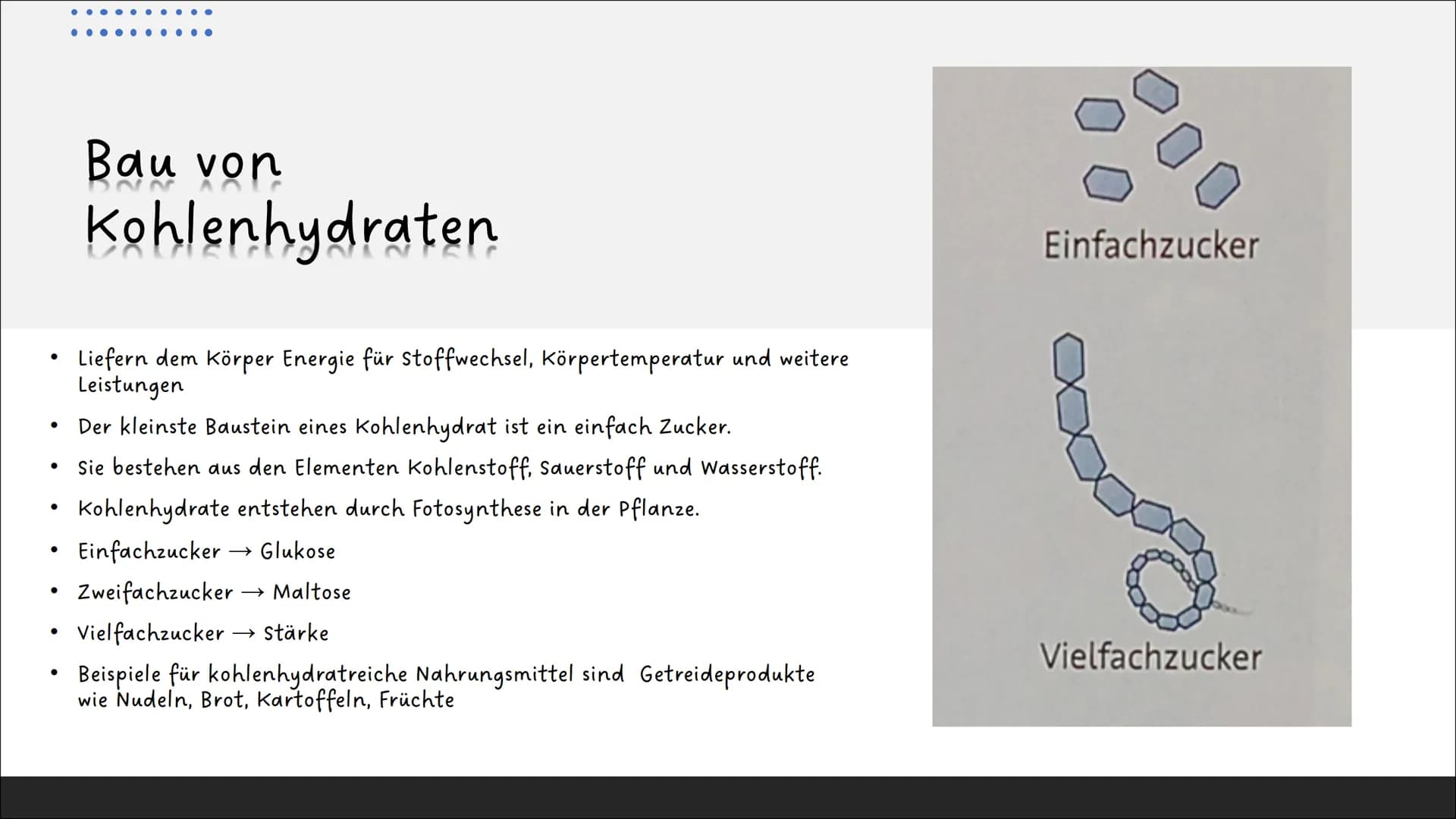 Ernährung
und
Verdauung
Pflanzliche und tierische
Nahrungsmittel
Kohlenhydrate, Fette,
Proteine
Baustoffe und
Betriebsstoffe
Die Arbeitsweis