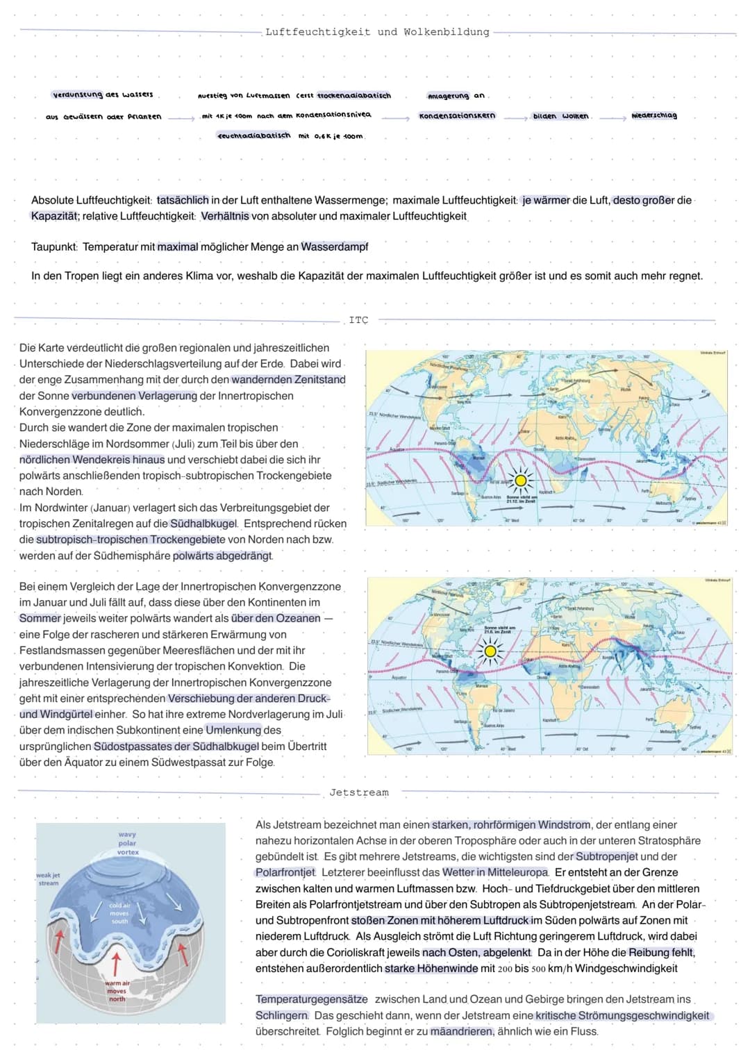 verdunstung des wassers
aus Gewässern oder Pflanzen
Luftfeuchtigkeit und Wolkenbildung
weak jet
stream
Auestieg von Luftmassen (erst trocken