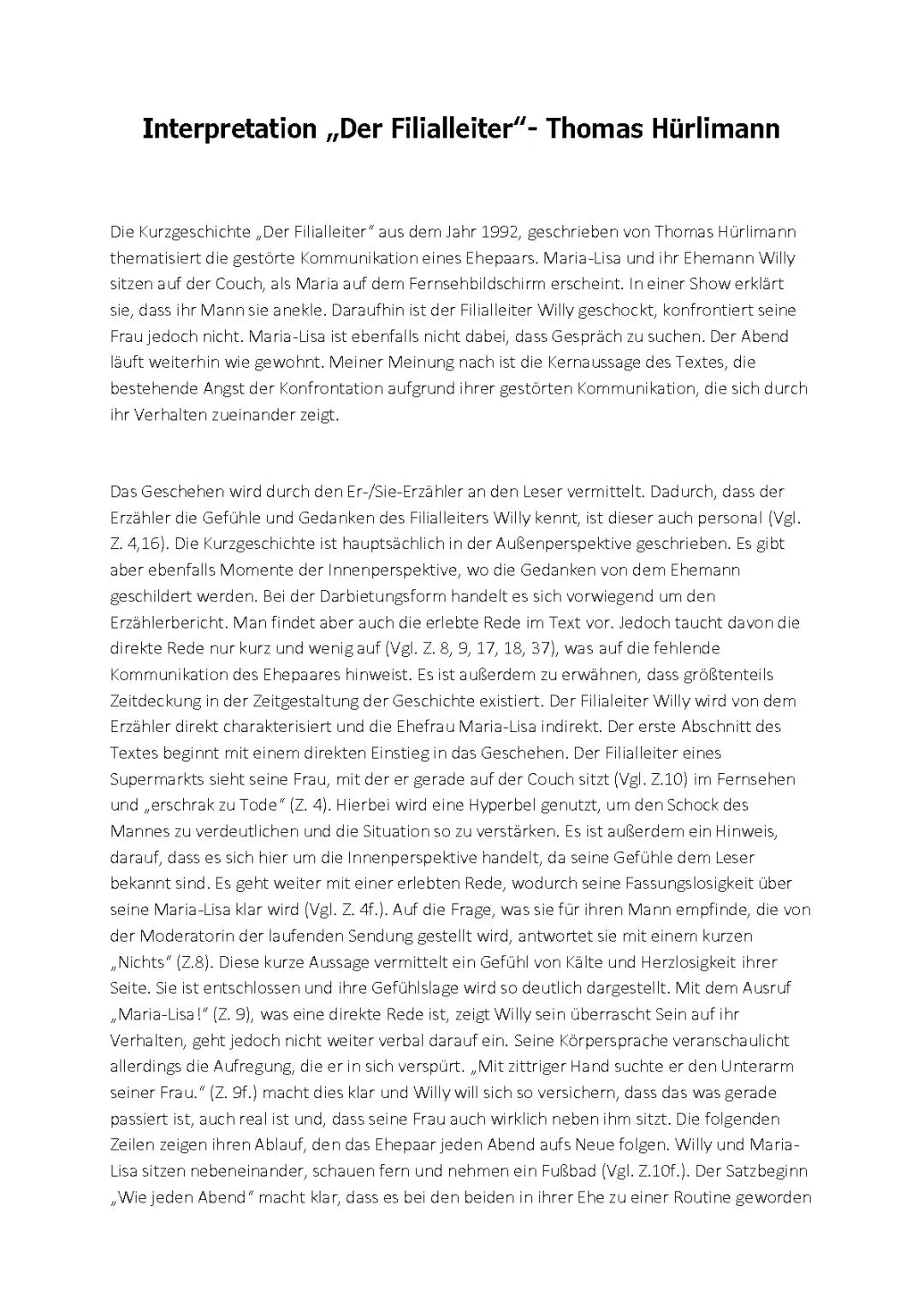 Der Filialleiter Kurzgeschichte Text PDF: Interpretation und Deutungshypothese von Thomas Hürlimann